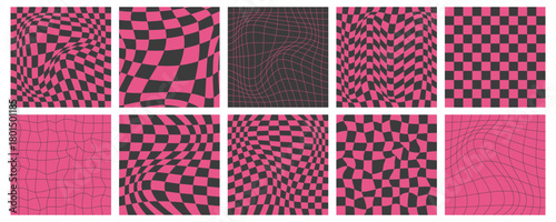 Psychedelic distorted checkered patterns set. Vector illustration of black and pink wavy squares, seamless trippy checkerboard background, abstract y2k geometric backdrop, hypnotic optical illusion