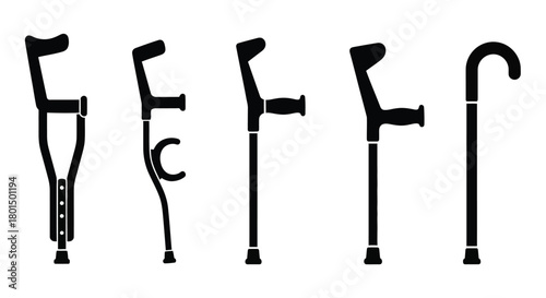 Different types of crutches and canes mobility aids for assistance