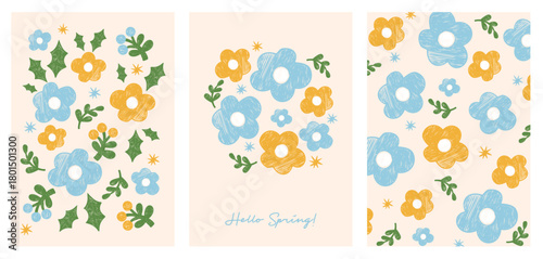 Spring Floral poster set. Crayon Yellow Blue Flowers on light Background. Textured Hand-Drawn Chalk Drawings. Isolated Primitive holiday Pattern Cards. Vertical Vector illustration. Not AI