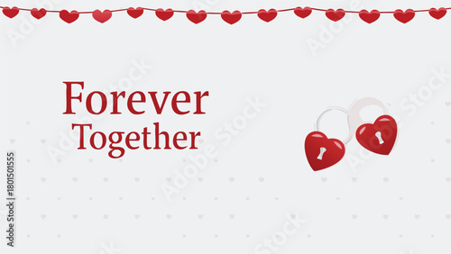 Romantic forever together message with heart shaped locks and a garland of hearts symbolizing enduring love and commitment for valentine s day or anniversaries