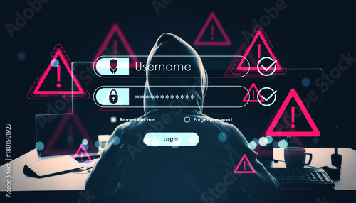 Foto Hacker in hoodie with login interface and warning signs on dark background highlighting online cybercrime and digital security threat concept