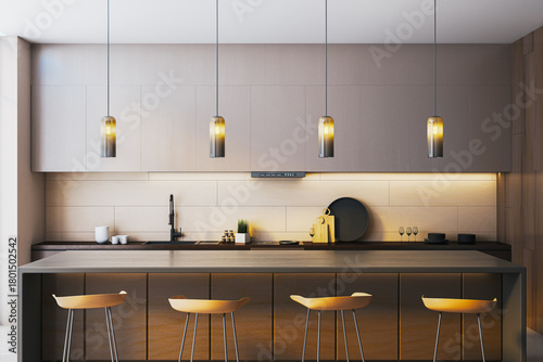 Fototapeta Naklejka Na Ścianę i Meble -  Modern minimalist kitchen interior with warm pendant lighting and sleek wooden surfaces in a neutral color palette. 3D Rendering