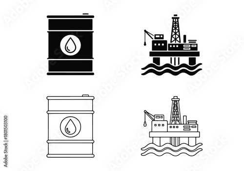 Oil barrel and offshore drilling rig vector icons - Vector icon symbol for website - Icon vector - Blue icon vector -  Flat Design Icon