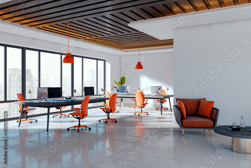 Modern corporate office interior with orange chairs, wood ceiling, and panoramic city view through large windows in a bright open layout. 3D Rendering