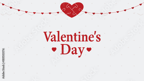 A festive and romantic valentine s day background with a string of red hearts and a large puzzle heart at the top celebrating love and connection
