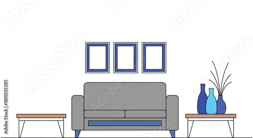 Living room interior design sofa frames vases tables minimalist art