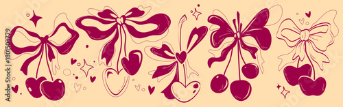 Cherry ornaments with ribbon bows in vintage coquette style - burgundy hearts, sparkles and cute print elements on beige background. Romantic decorative set for feminine branding or packaging.