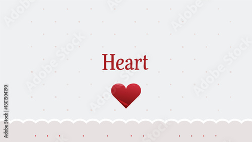 A single glossy red heart symbol is centered on a light gray background with faint pink polka dots and a decorative scalloped border at the bottom