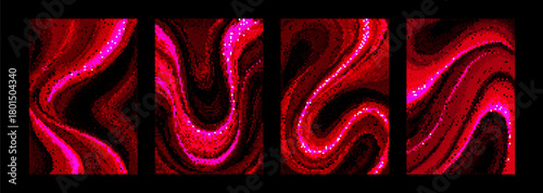 Abstract red and pink bitmap wave pattern on black background. Vector illustration of y2k halftone posters with color pixel gradient, retro screen texture with glitch noise effects, cyberpunk banner