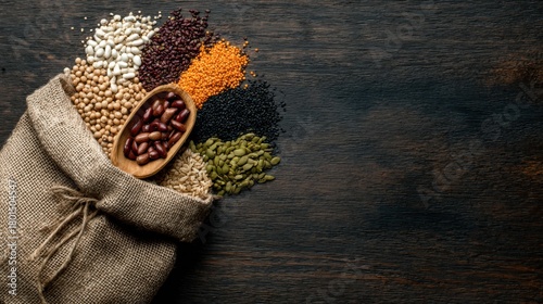 Variety of dried legumes and seeds arranged on a wooden table in a burlap sack with a wooden bowl
