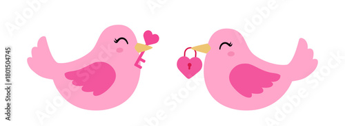 Valentine love birds flat vector illustration set.
Lovebirds biting the lock and key.
Pink Bird clipart icons, and Graphics.
For greeting card, poster, banner, leaflet.