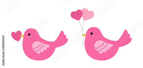 Valentine love birds flat vector illustration set.
Lovebird and heart-shaped balloons.
Pink Bird clipart icons, and Graphics.
For greeting card, poster, banner, leaflet.
