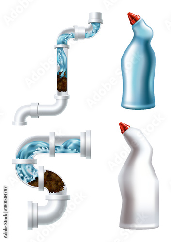 Clogged pipe drain and cleanser bottle. Blank container with sanitary chemical liquid. Canalization tube with water splash. Plumbing clog repair