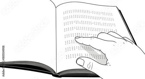 A black and white line drawing of a person's hand reading a book with Braille text by touch.