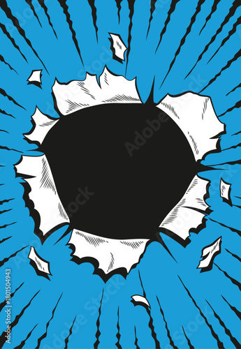 Comic book hole. Vector paper is torn through boom explosion. Circle hole in the middle on color background. Comic style cover template or flyer wallpapers