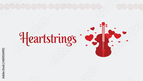 Romantic heartstrings violin illustration with floating red hearts and decorative border on a subtle gray background
