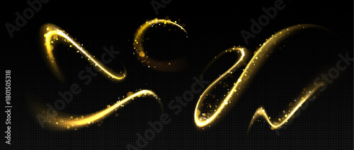 Abstract golden lines with magic shine effect isolated on transparent background. Vector realistic set of fantasy gold swirls, round and spiral waves, fairy trails with glitter particles flying in air