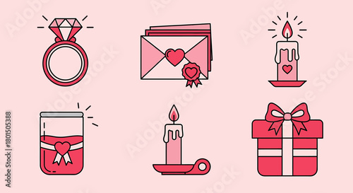 Collection of romantic Valentine's Day themed illustrations, featuring rings, letters, candles, and gifts.
