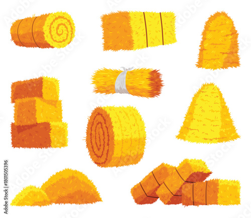 Collection of hays. Flat vector illustration dried haystacks with fork. Rolls of hay. A supply of feed for livestock, the object of agriculture. Farm straw bale nature agriculture