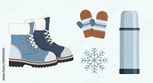 Winter essentials: boots, mittens, thermos, and snowflake illustration.