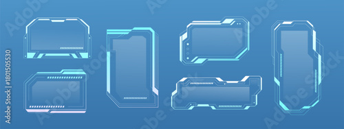 Tech UI frame in cyberpunk style with neon blue digital interface elements. Futuristic HUD design, game screen and scifi elements for modern graphic backgrounds. Vector element with glowing borders.