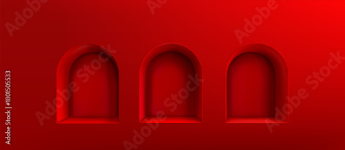 Red wall with 3d niche boxes. Vector realistic illustration of arch shelves for home, museum, exhibition gallery interior design, elegant color wallpaper, empty holes, product presentation frames