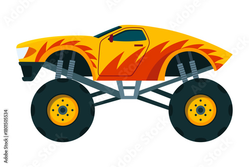 Monster truck. Bright colorful cartoon auto with big wheels. Heavy car with large tires and black tinted windows. Isolated rally 4x4 computer or mobile game