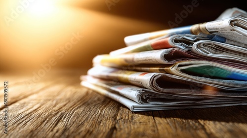 Stacked newspapers on wood surface with warm light in the background