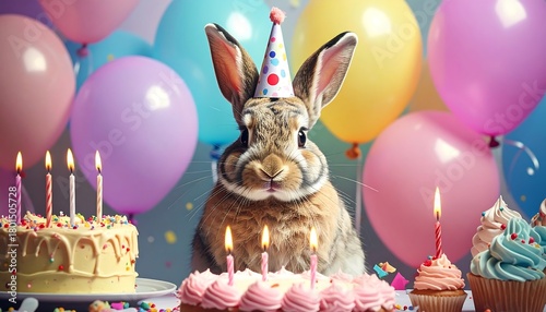 Birthday bunny. A rabbit with a party hat amidst balloons, cakes, and candles, celebrating a fun occasion