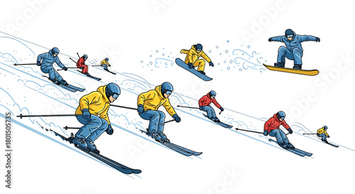 Illustration of skiers and snowboarders enjoying winter sports on a snowy mountain slope.