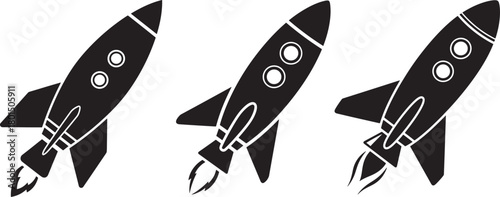 Three retro rockets launching into space silhouette