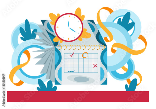 Planning concept. Vector entrepreneurship and calendar schedule planning with filling course campaign. Business meeting and events organizing process, office working