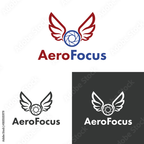 Aerofocus logo featuring stylized wings and camera aperture, aerial focus  for photography logo