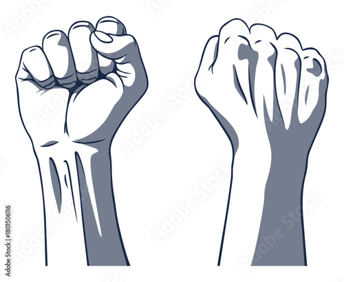 Rised fist hand gesture monochrome drawn emblem. Vector hand clenched into fist and rising up, symbol isolated on white background. Power sign. Human hand up in the air