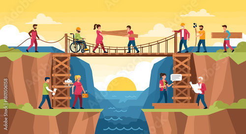 Illustration of diverse people building a bridge together over a body of water.