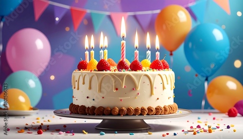 Birthday cake with candles, frosting, and sprinkles, set against colorful balloons and a celebratory backdrop