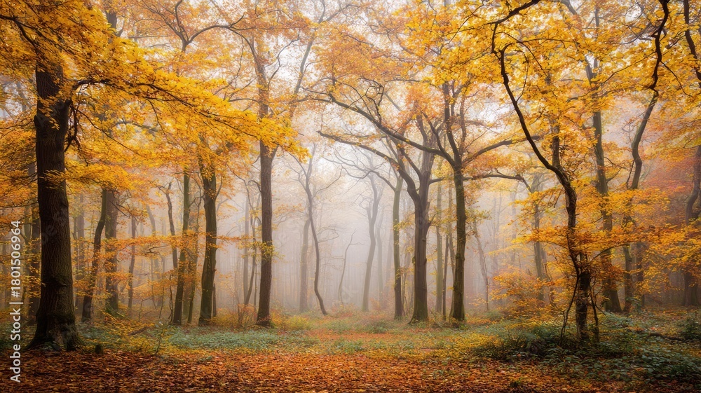 Fototapeta premium Autumn forest scene with vivid orange and yellow leaves. Sunlight filters through trees, creating warm, inviting glow. Pathway covered in fallen leaves. Neural network AI generated