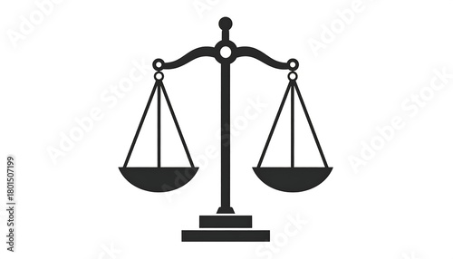 Black and white, classic justice scale icon, evenly balanced with hanging pans and stand, on a white background