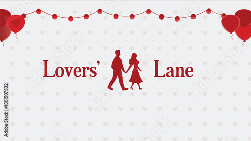 Romantic couple walking hand in hand on lovers lane with heart decorations and balloons celebrating love and togetherness on valentine s day or anniversary