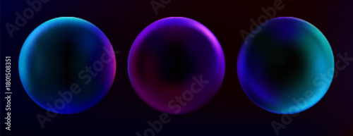 3D gradient spheres and abstract bubbles on black background. Futuristic flowing shapes blend neon colors from blue and green to purple with soft light effects. Dynamic fluid modern circular forms.