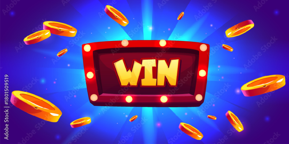 Fototapeta premium Casino win banner with glowing signboard and golden coin shower. Big prize gaming poster with neon light bulb frame, winner typography and flying money. Vegas gambling template with bonus elements.
