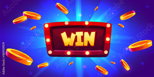 Casino win banner with glowing signboard and golden coin shower. Big prize gaming poster with neon light bulb frame, winner typography and flying money. Vegas gambling template with bonus elements.