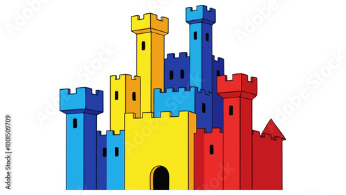A vibrant and playful colorful castle illustration features multiple towers in bright primary and secondary colors: yellow, blue, and red.