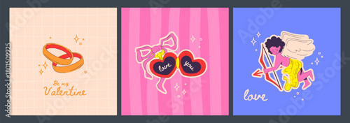 Vintage heart locket with delicate bow, wedding rings and cute cupid with wings and arrow on colorful poster background. Romantic retro valentine design with whimsical love elements in pink and blue.