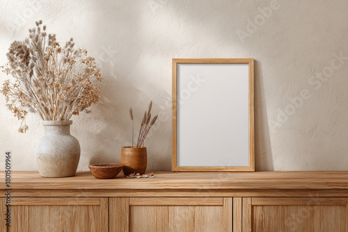 Wooden cabinet with empty frame and dried plants decoration