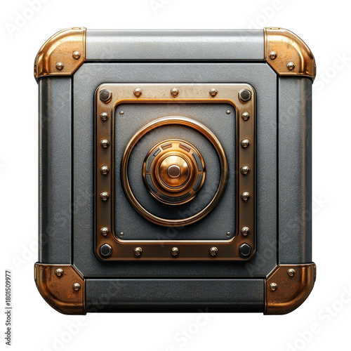 3D metal safe door icon with brass bolts isolated on Transparent Background