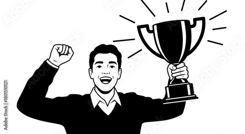 Man celebrating success winning trophy achievement vector graphic