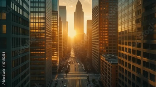 Aerial cinematic view of a city with sunrise behind tall office buildings, golden light reflecting on streets and rooftops, clean, crisp, cinematic visuals
