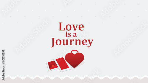 Love is a journey symbolized by a heart shaped suitcase and photographs representing shared memories and experiences on a romantic adventure