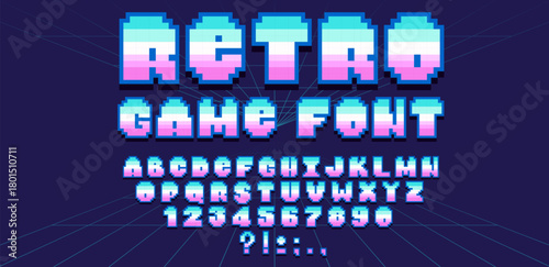 Retro game pixel typography with classic 8 bit computer font styling. Arcade video text elements with geometric letters and vintage gaming aesthetics. Cyberpunk interface design in neon colors.